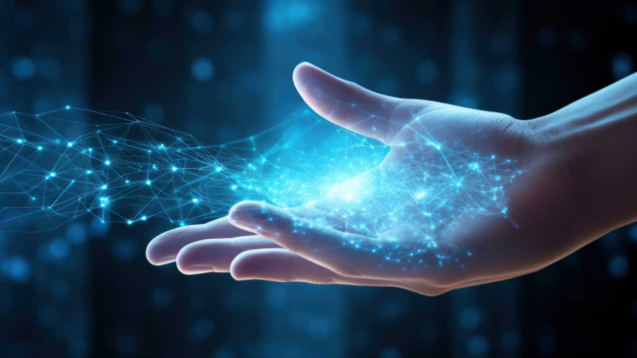 man's hand in digital, IoT, AI chatbot technology, smart devices, VPN cybersecurity, futuristic internet. Unleash the power of technology, sleek abstract background, blue circuitry pattern, gen ai. Image Credit: Adobe Stock Images/BrightSpace